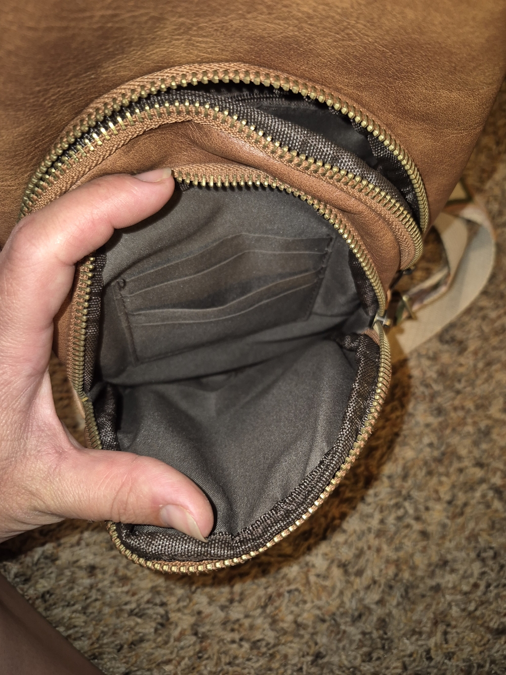 Brown Leather Sling Crossbody Bag with Patterned Strap - Picture 6 of 8